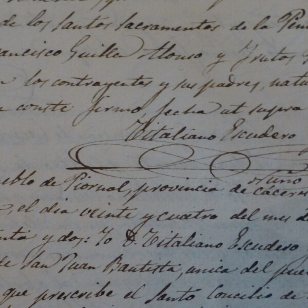 Firma de Vitaliano Escudero Nuño, cura párroco de Piornal en 1872