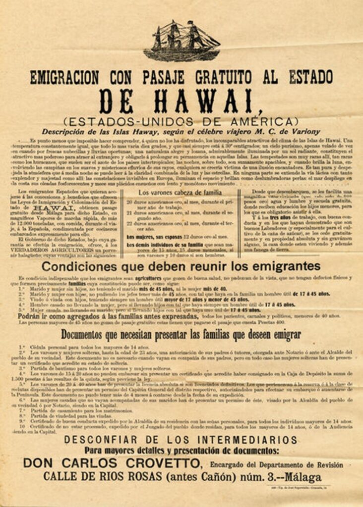Pasquín propaganda emigración con pasaje gratuito al estado de Hawai